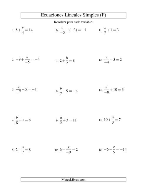 La hoja de ejercicios de Resolver Ecuaciones Lineales de la Forma x/a ± b = c con Valores Negativos (F)
