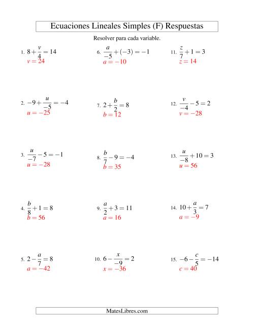 La hoja de ejercicios de Resolver Ecuaciones Lineales de la Forma x/a ± b = c con Valores Negativos (F) Página 2