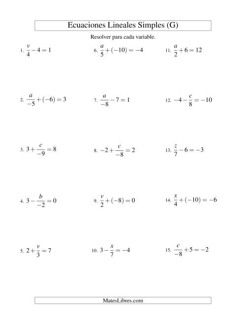 La hoja de ejercicios de Resolver Ecuaciones Lineales de la Forma x/a ± b = c con Valores Negativos (G)