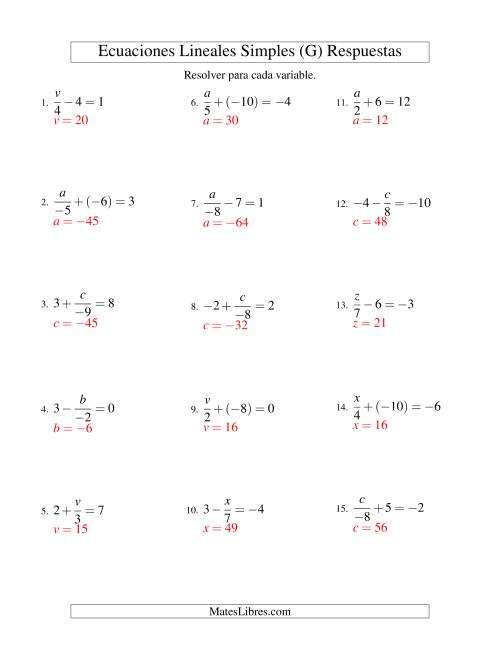 La hoja de ejercicios de Resolver Ecuaciones Lineales de la Forma x/a ± b = c con Valores Negativos (G) Página 2