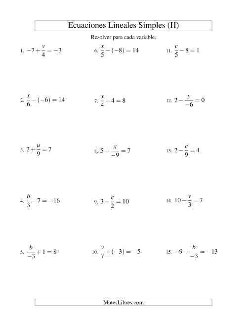 La hoja de ejercicios de Resolver Ecuaciones Lineales de la Forma x/a ± b = c con Valores Negativos (H)