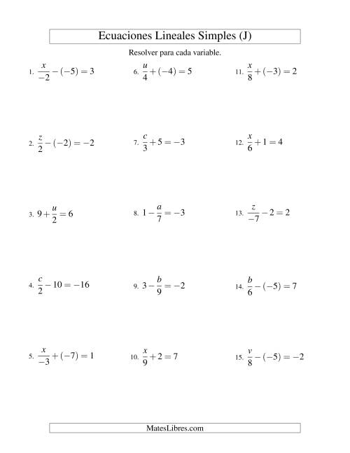 La hoja de ejercicios de Resolver Ecuaciones Lineales de la Forma x/a ± b = c con Valores Negativos (J)