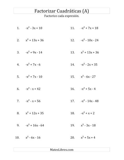 La hoja de ejercicios de Factorizar Expresiones Cuadráticas con Coeficientes Principales entre -1 y 1 (A)