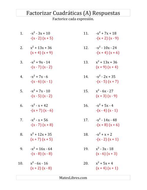 La hoja de ejercicios de Factorizar Expresiones Cuadráticas con Coeficientes Principales entre -1 y 1 (A) Página 2