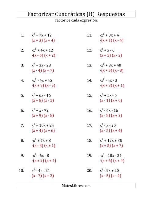 La hoja de ejercicios de Factorizar Expresiones Cuadráticas con Coeficientes Principales entre -1 y 1 (B) Página 2