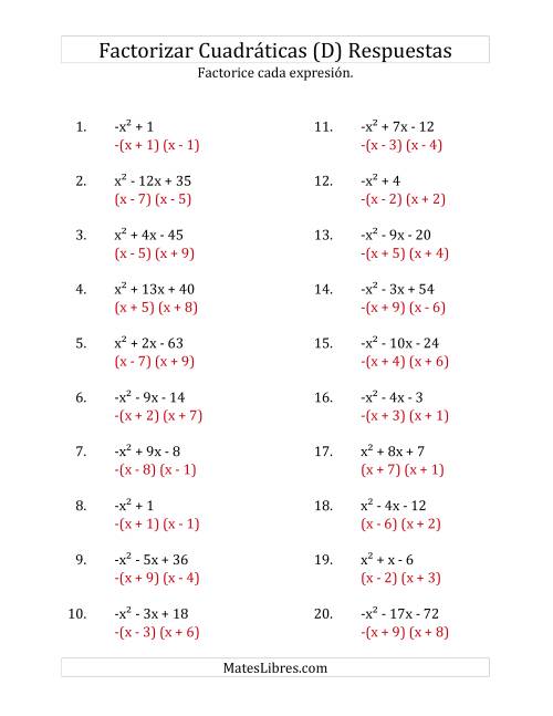 La hoja de ejercicios de Factorizar Expresiones Cuadráticas con Coeficientes Principales entre -1 y 1 (D) Página 2