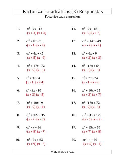 La hoja de ejercicios de Factorizar Expresiones Cuadráticas con Coeficientes Principales entre -1 y 1 (E) Página 2