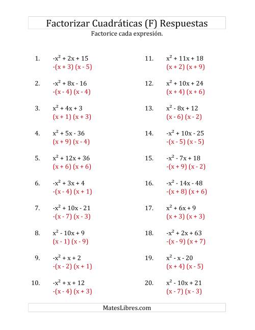 La hoja de ejercicios de Factorizar Expresiones Cuadráticas con Coeficientes Principales entre -1 y 1 (F) Página 2