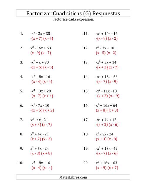 La hoja de ejercicios de Factorizar Expresiones Cuadráticas con Coeficientes Principales entre -1 y 1 (G) Página 2