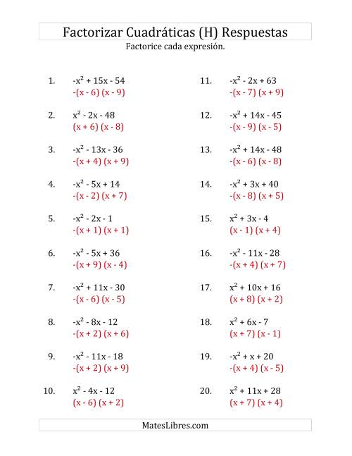 La hoja de ejercicios de Factorizar Expresiones Cuadráticas con Coeficientes Principales entre -1 y 1 (H) Página 2