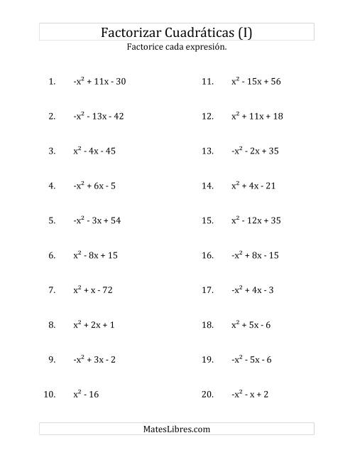 La hoja de ejercicios de Factorizar Expresiones Cuadráticas con Coeficientes Principales entre -1 y 1 (I)