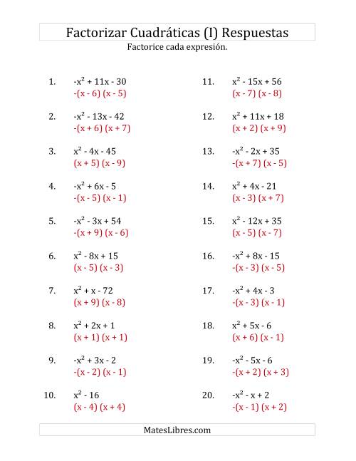 La hoja de ejercicios de Factorizar Expresiones Cuadráticas con Coeficientes Principales entre -1 y 1 (I) Página 2