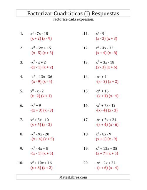 La hoja de ejercicios de Factorizar Expresiones Cuadráticas con Coeficientes Principales entre -1 y 1 (J) Página 2
