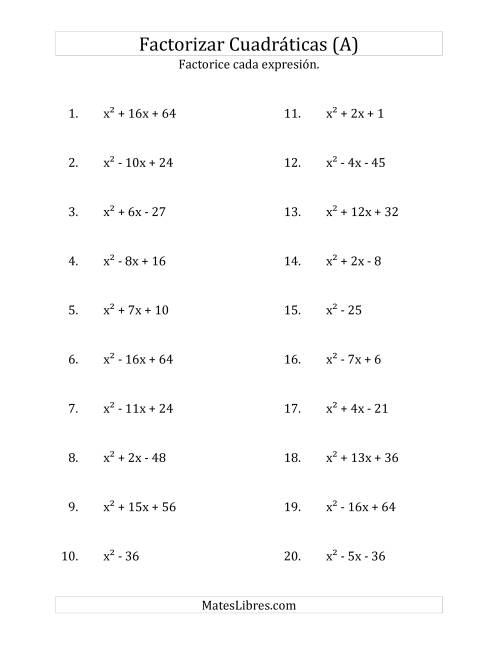 La hoja de ejercicios de Factorizar Expresiones Cuadráticas con Coeficientes Principales Iguales a 1 (A)