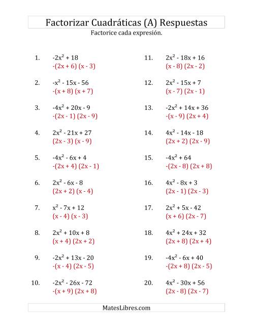 La hoja de ejercicios de Factorizar Expresiones Cuadráticas con Coeficientes Principales entre -4 y 4 (A) Página 2