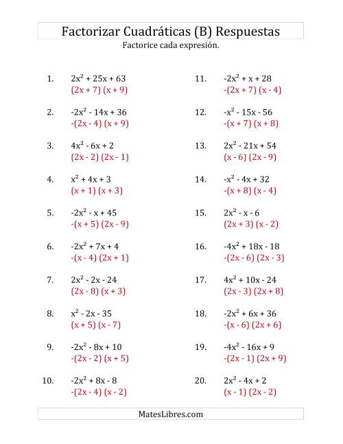 La hoja de ejercicios de Factorizar Expresiones Cuadráticas con Coeficientes Principales entre -4 y 4 (B) Página 2