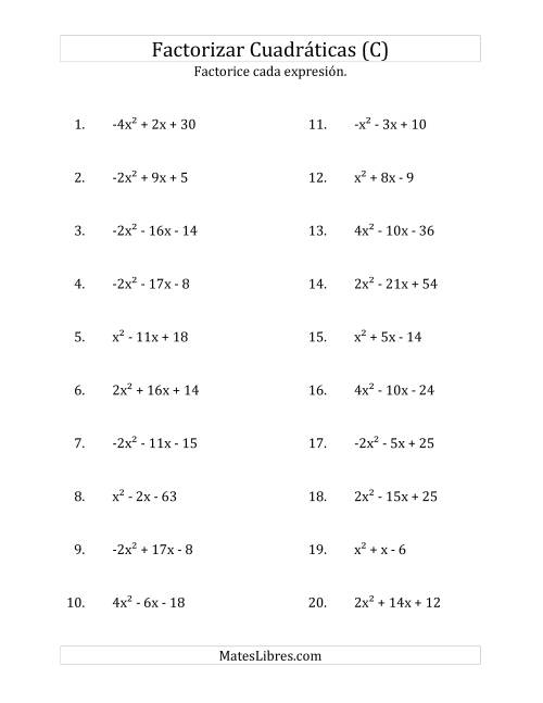 La hoja de ejercicios de Factorizar Expresiones Cuadráticas con Coeficientes Principales entre -4 y 4 (C)