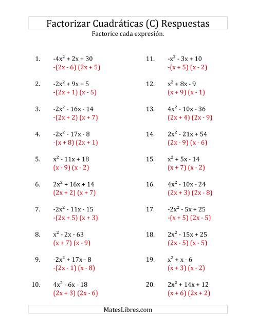 La hoja de ejercicios de Factorizar Expresiones Cuadráticas con Coeficientes Principales entre -4 y 4 (C) Página 2