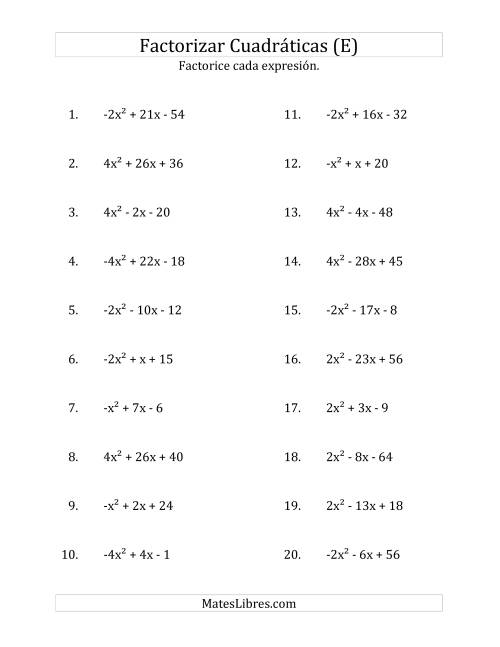 La hoja de ejercicios de Factorizar Expresiones Cuadráticas con Coeficientes Principales entre -4 y 4 (E)