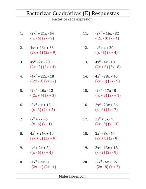La hoja de ejercicios de Factorizar Expresiones Cuadráticas con Coeficientes Principales entre -4 y 4 (E) Página 2