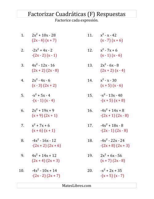 La hoja de ejercicios de Factorizar Expresiones Cuadráticas con Coeficientes Principales entre -4 y 4 (F) Página 2