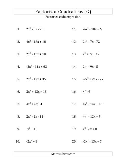 La hoja de ejercicios de Factorizar Expresiones Cuadráticas con Coeficientes Principales entre -4 y 4 (G)