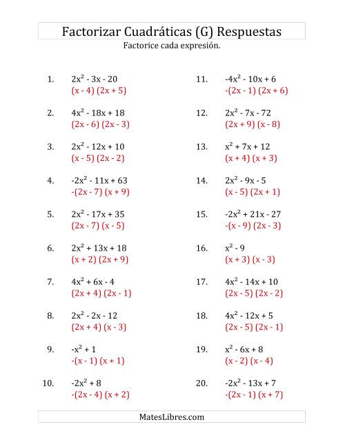La hoja de ejercicios de Factorizar Expresiones Cuadráticas con Coeficientes Principales entre -4 y 4 (G) Página 2