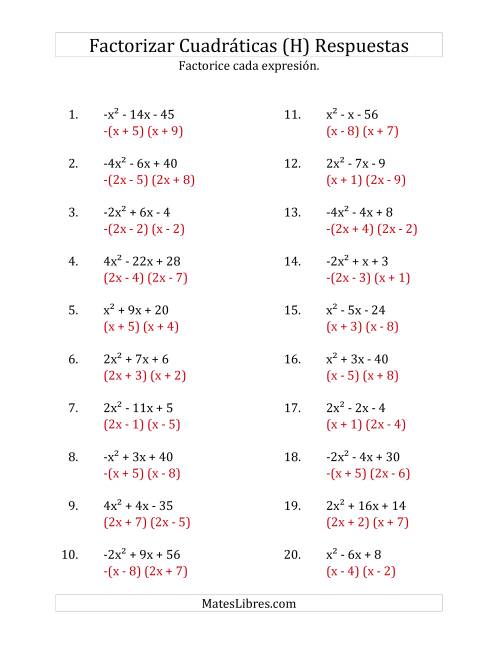 La hoja de ejercicios de Factorizar Expresiones Cuadráticas con Coeficientes Principales entre -4 y 4 (H) Página 2