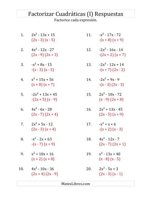 La hoja de ejercicios de Factorizar Expresiones Cuadráticas con Coeficientes Principales entre -4 y 4 (I) Página 2