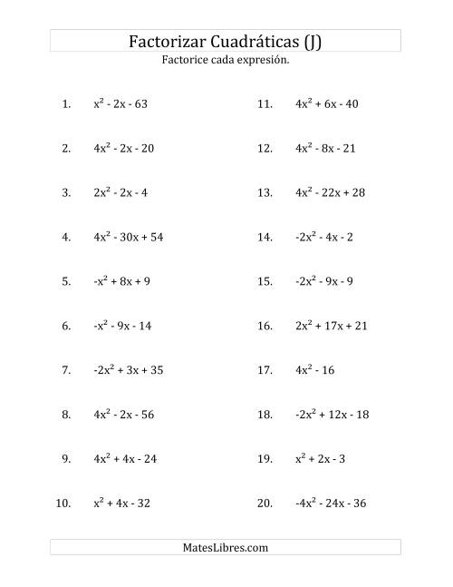 La hoja de ejercicios de Factorizar Expresiones Cuadráticas con Coeficientes Principales entre -4 y 4 (J)