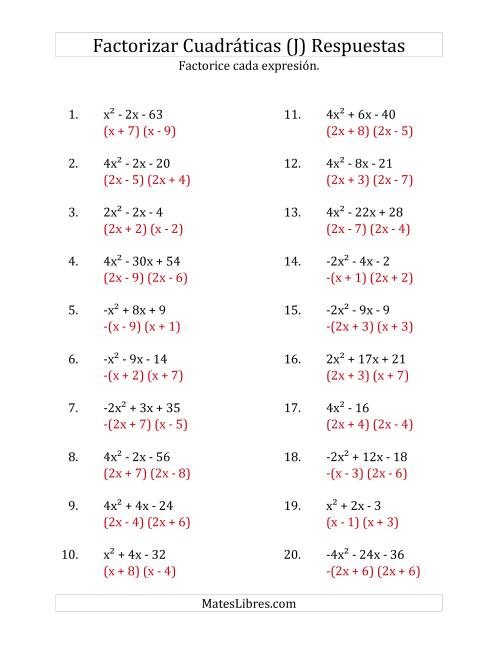 La hoja de ejercicios de Factorizar Expresiones Cuadráticas con Coeficientes Principales entre -4 y 4 (J) Página 2