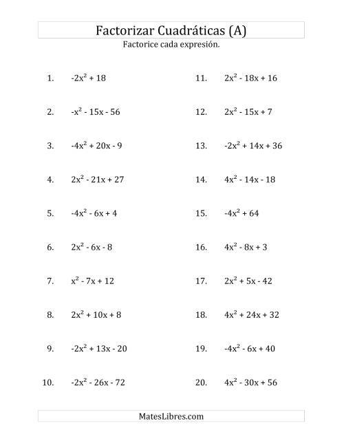 La hoja de ejercicios de Factorizar Expresiones Cuadráticas con Coeficientes Principales entre -4 y 4 (Todas)