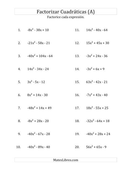 La hoja de ejercicios de Factorizar Expresiones Cuadráticas con Coeficientes Principales entre -81 y 81 (A)