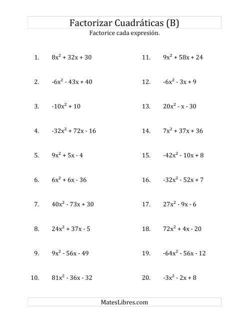 La hoja de ejercicios de Factorizar Expresiones Cuadráticas con Coeficientes Principales entre -81 y 81 (B)
