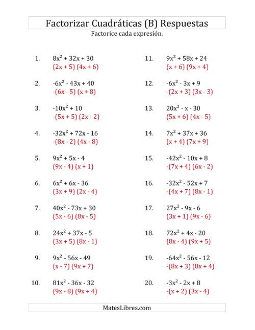 La hoja de ejercicios de Factorizar Expresiones Cuadráticas con Coeficientes Principales entre -81 y 81 (B) Página 2
