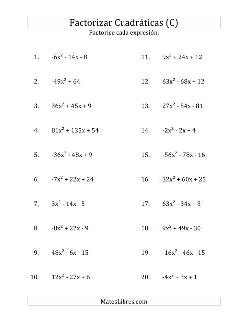 La hoja de ejercicios de Factorizar Expresiones Cuadráticas con Coeficientes Principales entre -81 y 81 (C)