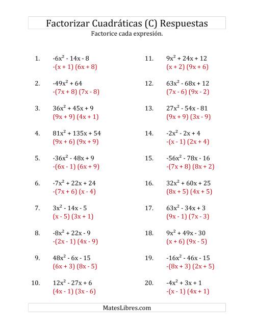 La hoja de ejercicios de Factorizar Expresiones Cuadráticas con Coeficientes Principales entre -81 y 81 (C) Página 2