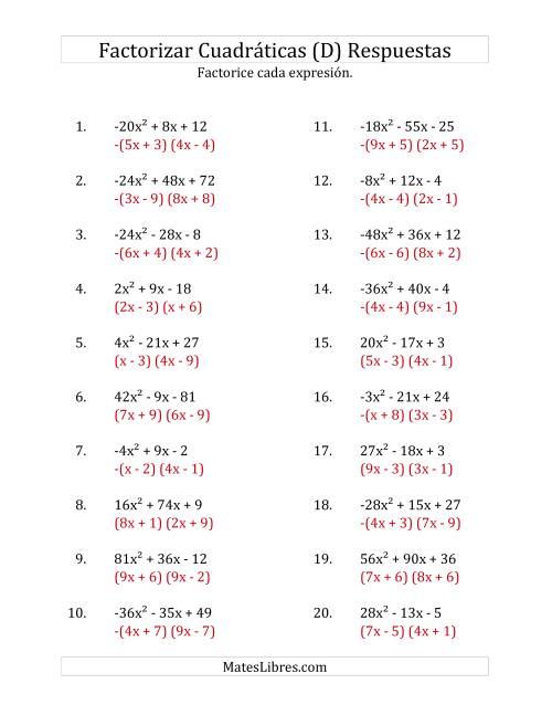 La hoja de ejercicios de Factorizar Expresiones Cuadráticas con Coeficientes Principales entre -81 y 81 (D) Página 2