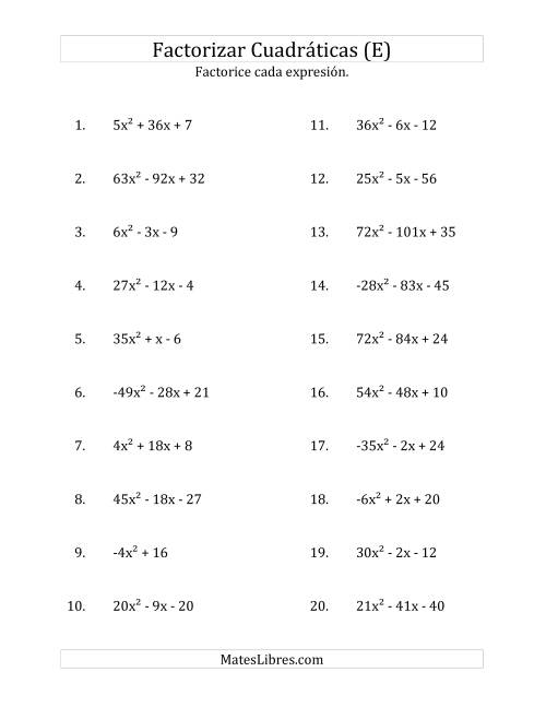 La hoja de ejercicios de Factorizar Expresiones Cuadráticas con Coeficientes Principales entre -81 y 81 (E)