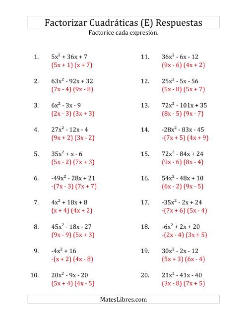 La hoja de ejercicios de Factorizar Expresiones Cuadráticas con Coeficientes Principales entre -81 y 81 (E) Página 2