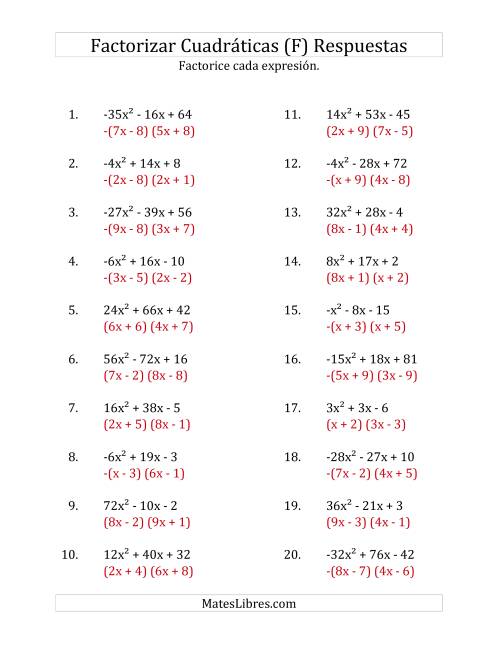 La hoja de ejercicios de Factorizar Expresiones Cuadráticas con Coeficientes Principales entre -81 y 81 (F) Página 2