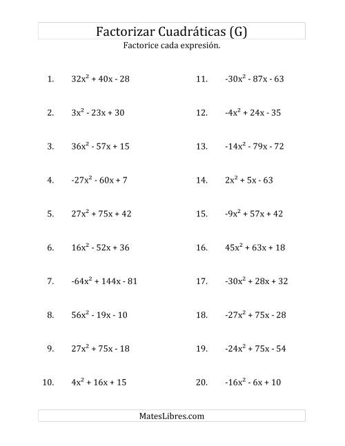 La hoja de ejercicios de Factorizar Expresiones Cuadráticas con Coeficientes Principales entre -81 y 81 (G)