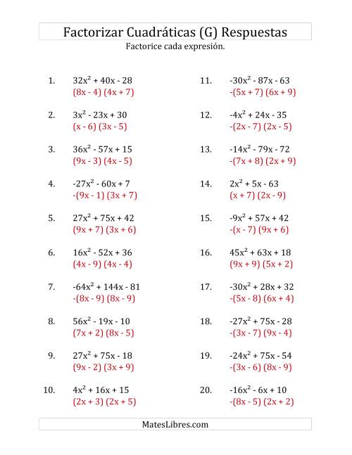 La hoja de ejercicios de Factorizar Expresiones Cuadráticas con Coeficientes Principales entre -81 y 81 (G) Página 2