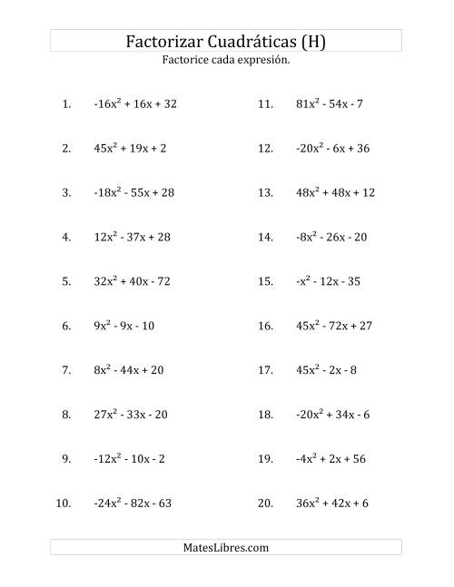 La hoja de ejercicios de Factorizar Expresiones Cuadráticas con Coeficientes Principales entre -81 y 81 (H)