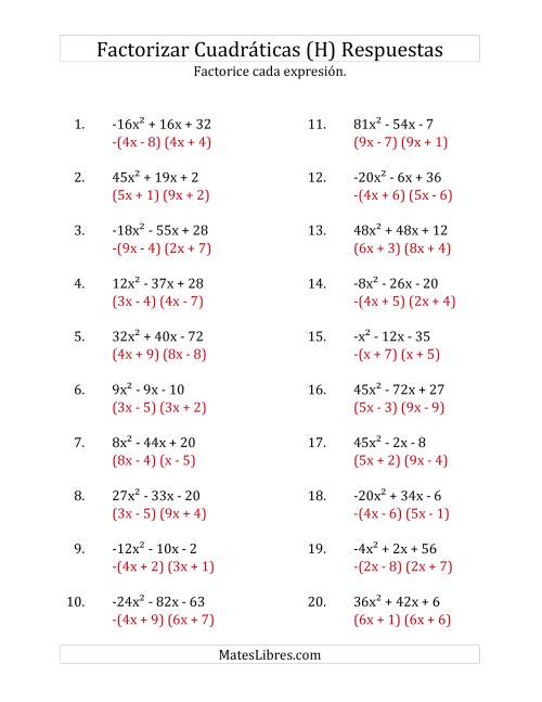 La hoja de ejercicios de Factorizar Expresiones Cuadráticas con Coeficientes Principales entre -81 y 81 (H) Página 2