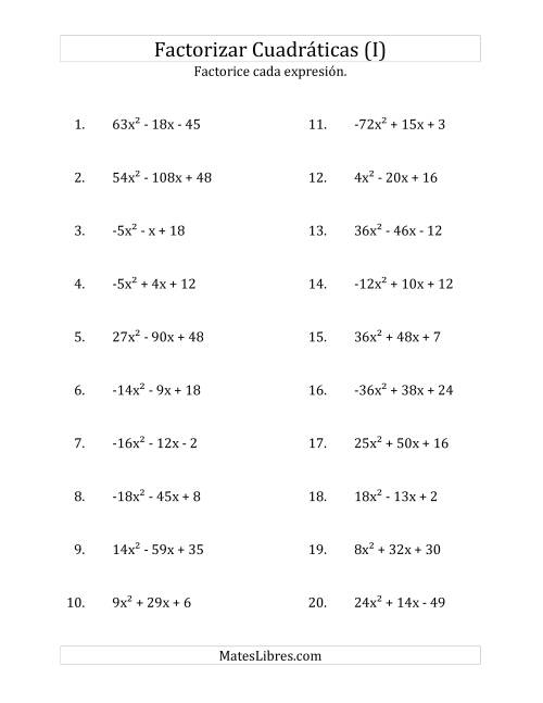 La hoja de ejercicios de Factorizar Expresiones Cuadráticas con Coeficientes Principales entre -81 y 81 (I)