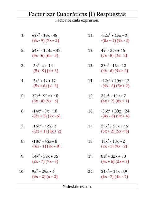 La hoja de ejercicios de Factorizar Expresiones Cuadráticas con Coeficientes Principales entre -81 y 81 (I) Página 2