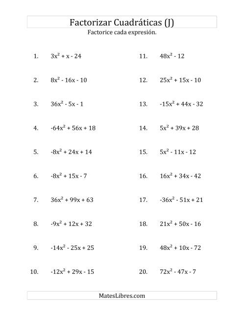 La hoja de ejercicios de Factorizar Expresiones Cuadráticas con Coeficientes Principales entre -81 y 81 (J)