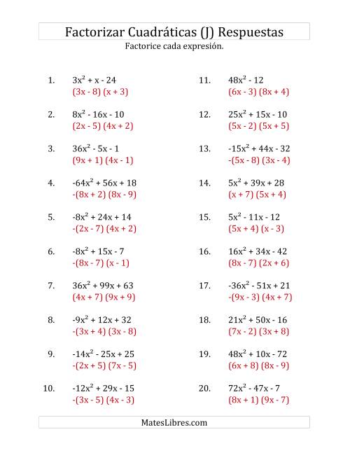 La hoja de ejercicios de Factorizar Expresiones Cuadráticas con Coeficientes Principales entre -81 y 81 (J) Página 2