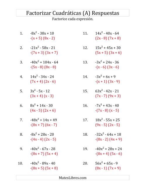 La hoja de ejercicios de Factorizar Expresiones Cuadráticas con Coeficientes Principales entre -81 y 81 (Todas) Página 2